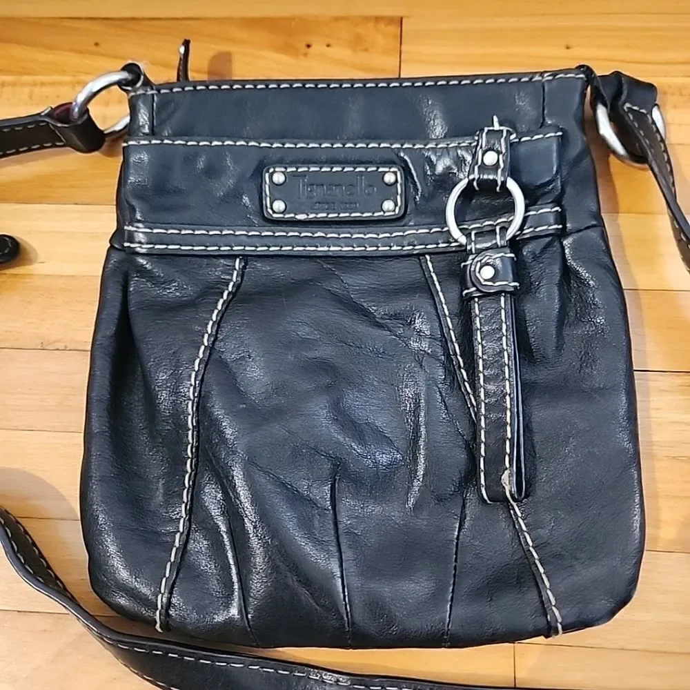 Tignanello black leather Crossbody purse W/accent stitching